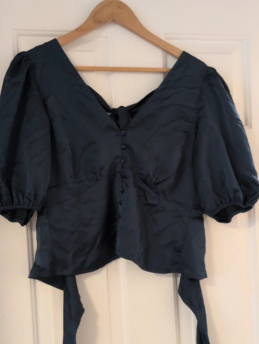 Abercrombie & Fitch Satin Teal Puff Sleeve Tie-Back Top Size M